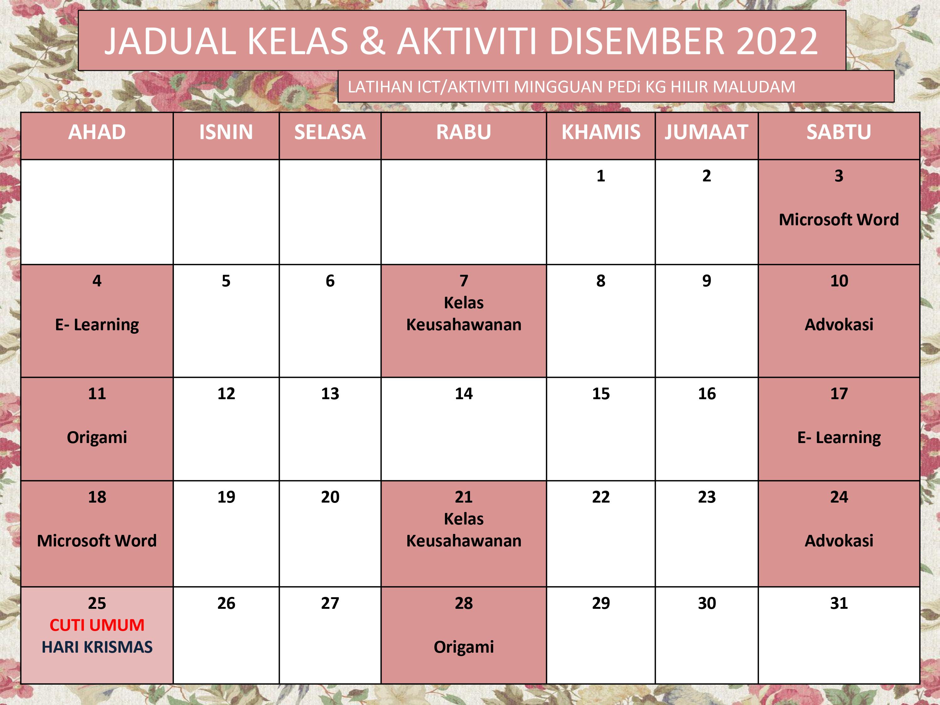 JADUAL DISEMBER 2022