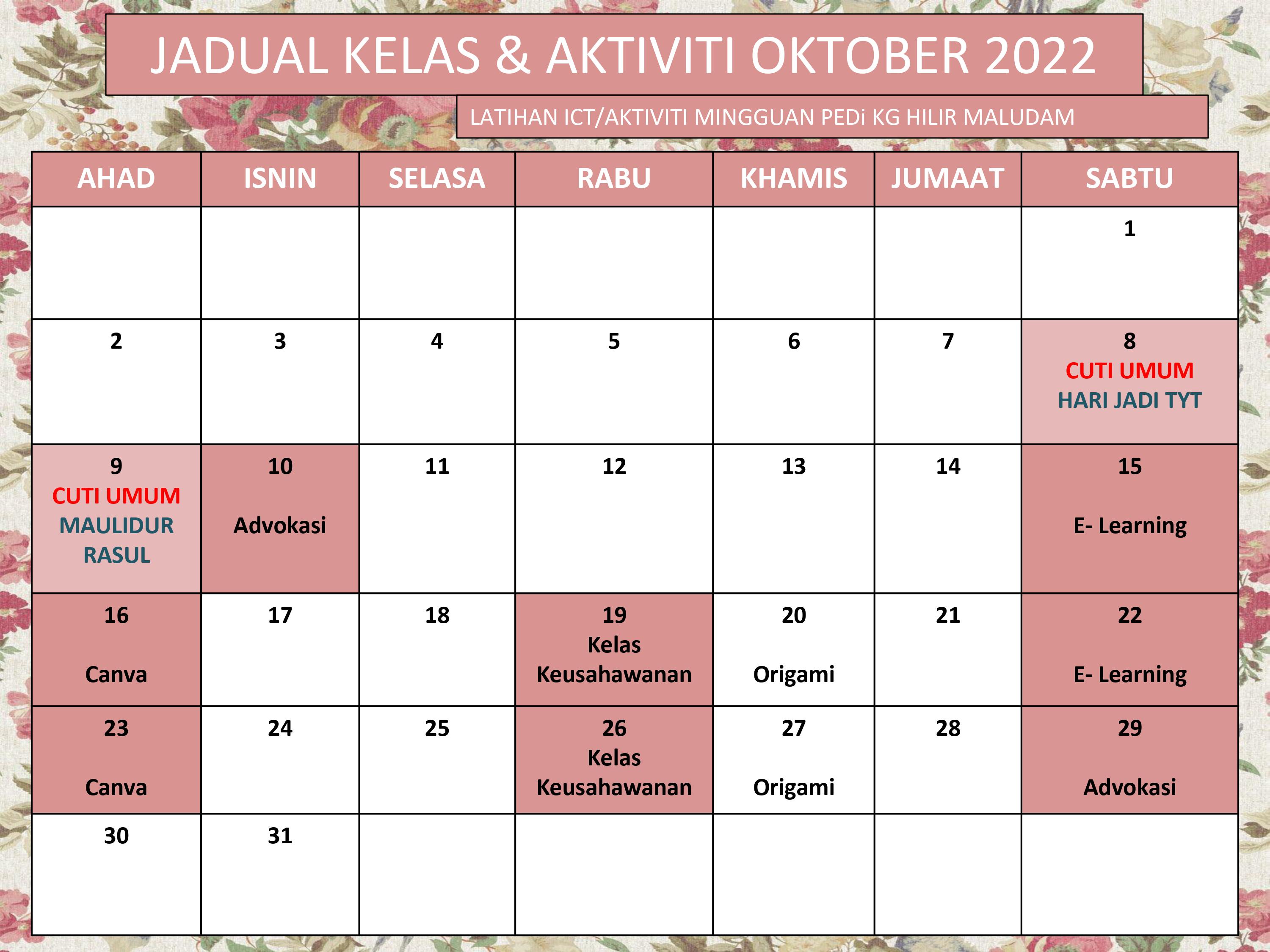 JADUAL OKTOBER 2022